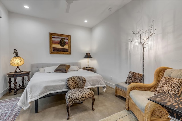 bedroom with light carpet and ceiling fan