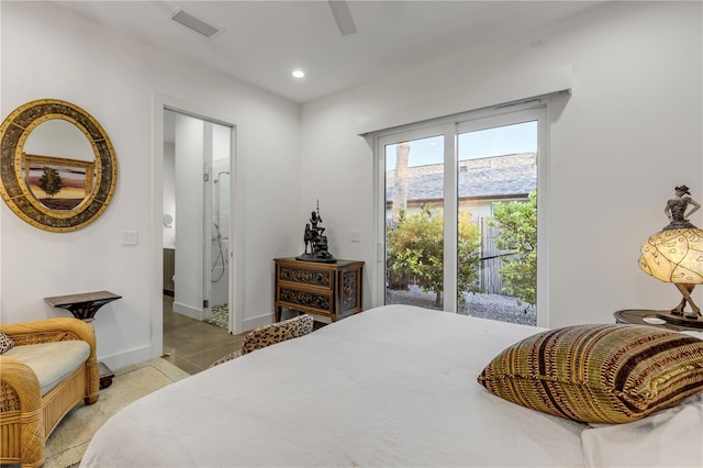 bedroom with access to outside, ceiling fan, and light tile patterned flooring