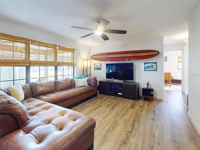 living room with ceiling fan and light wood-type flooring