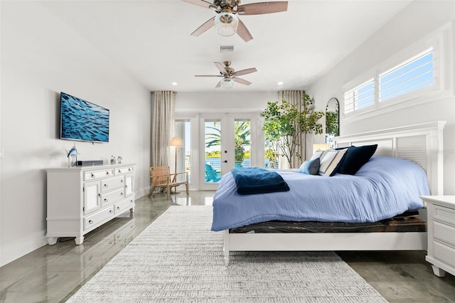 bedroom with ceiling fan, multiple windows, access to outside, and french doors