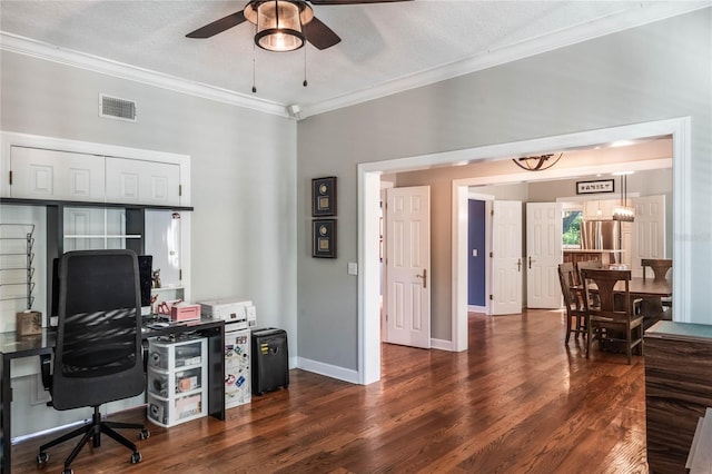 office with a textured ceiling, ceiling fan, dark hardwood / wood-style floors, and ornamental molding