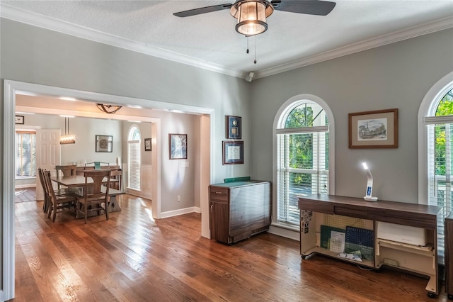 interior space with wood-type flooring, ceiling fan, and crown molding