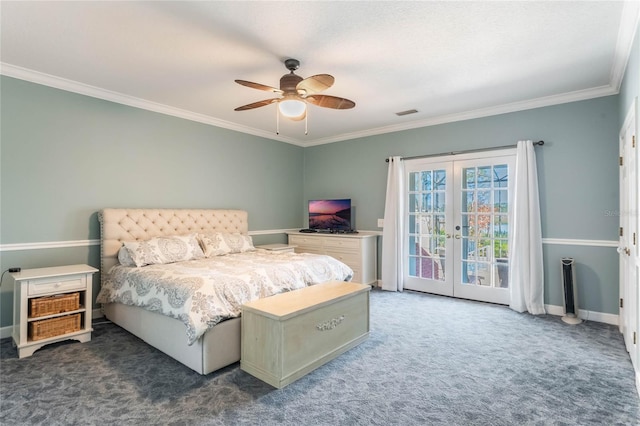 carpeted bedroom featuring ceiling fan, crown molding, access to outside, and french doors