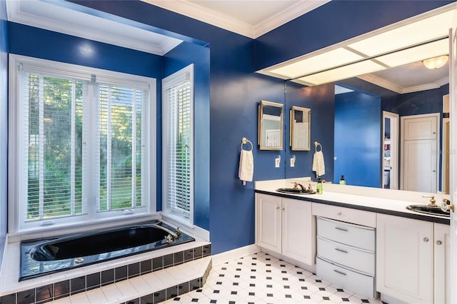 bathroom with vanity, a relaxing tiled tub, and crown molding