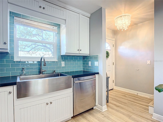 kitchen with white cabinetry, sink, backsplash, and dishwasher