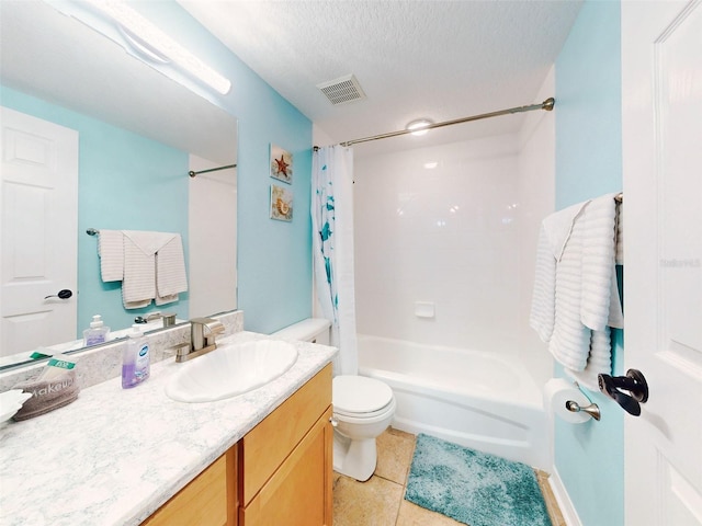 full bathroom featuring vanity, tile patterned flooring, toilet, shower / bathtub combination with curtain, and a textured ceiling