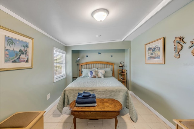 tiled bedroom with crown molding