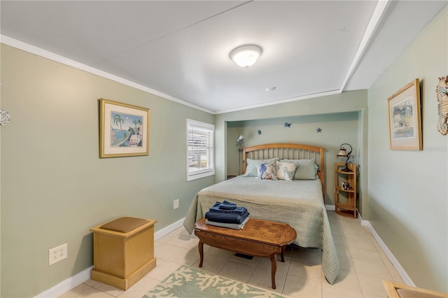 bedroom featuring light tile patterned floors and ornamental molding