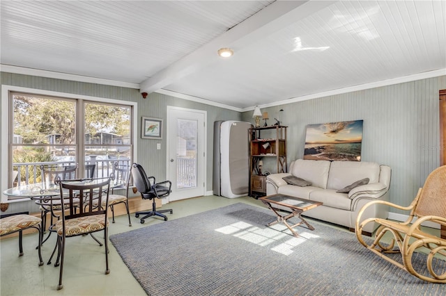 living room featuring vaulted ceiling with beams and ornamental molding