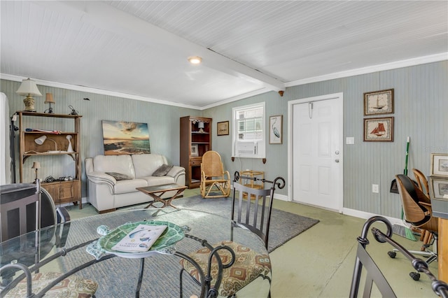 living room featuring beam ceiling, concrete floors, and ornamental molding