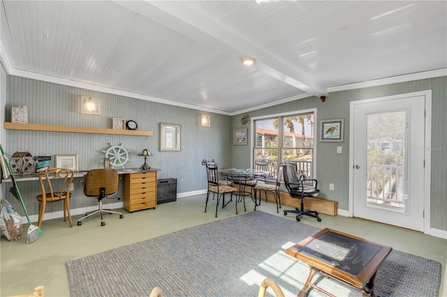 office with vaulted ceiling with beams and ornamental molding