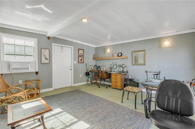 office with beamed ceiling and ornamental molding