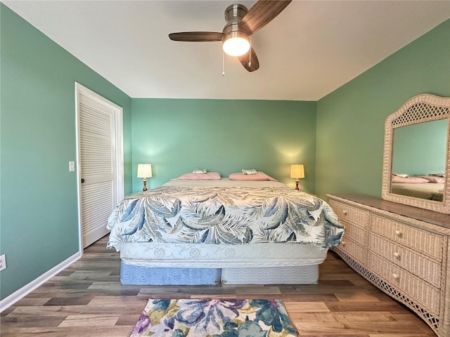 bedroom featuring ceiling fan and wood-type flooring