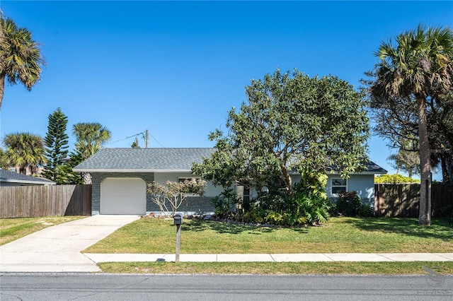 ranch-style house with a garage and a front lawn