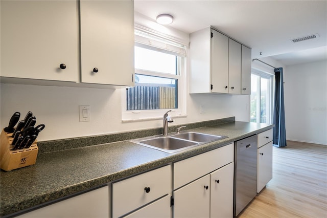 kitchen with dishwasher, plenty of natural light, sink, and white cabinets