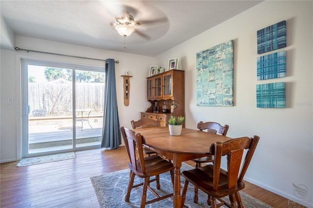 dining space featuring light hardwood / wood-style floors and ceiling fan