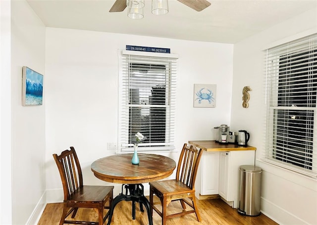 dining room with light hardwood / wood-style floors and ceiling fan