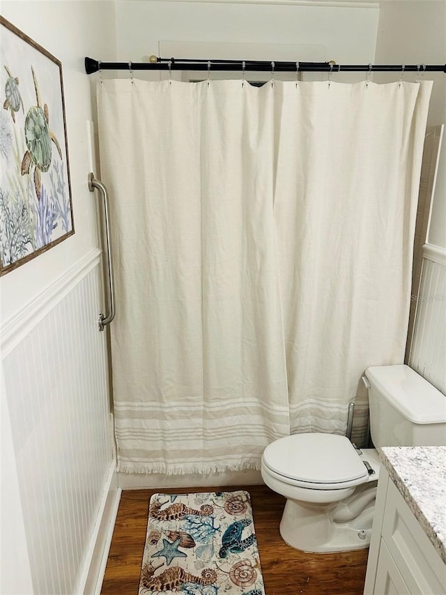 bathroom with toilet, vanity, and hardwood / wood-style flooring