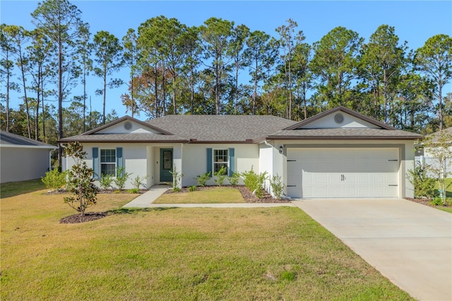 ranch-style home with a garage and a front yard