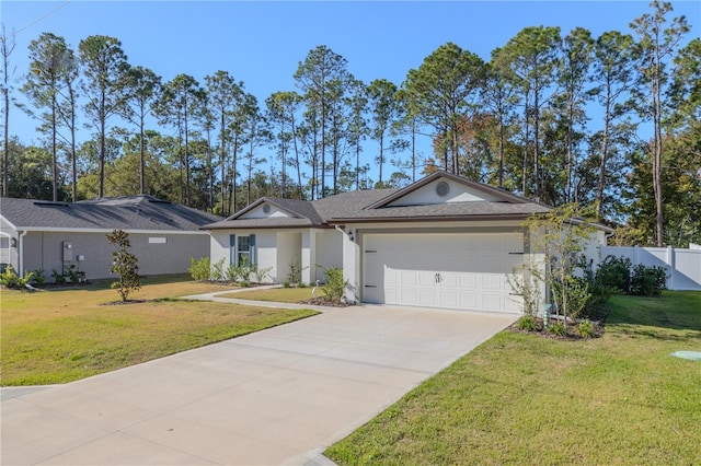 ranch-style house with a front lawn and a garage