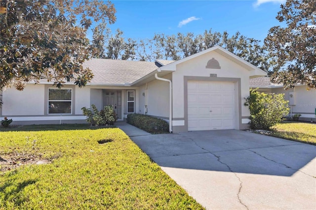 ranch-style house with a front yard and a garage