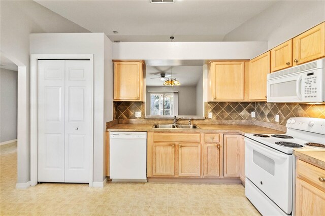 kitchen with decorative backsplash, light brown cabinetry, white appliances, ceiling fan, and sink