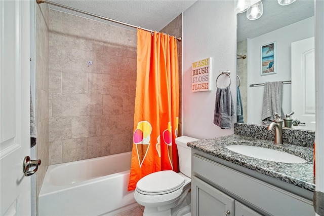 full bathroom with vanity, shower / bath combination with curtain, toilet, and a textured ceiling