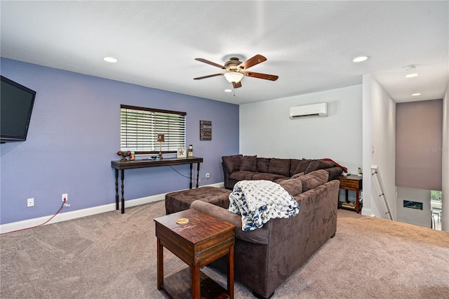 carpeted living room featuring ceiling fan and a wall mounted air conditioner