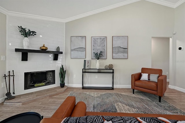 living room featuring a large fireplace, wood-type flooring, vaulted ceiling, and ornamental molding