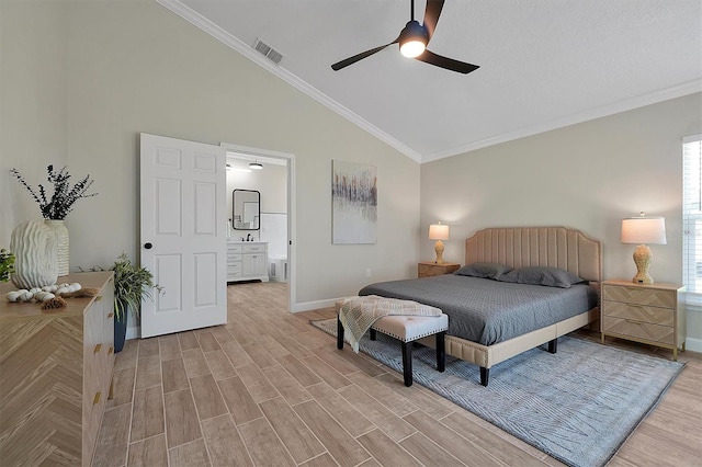 bedroom with connected bathroom, ceiling fan, high vaulted ceiling, light wood-type flooring, and ornamental molding