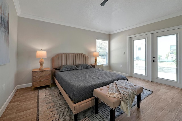 bedroom with access to outside, french doors, crown molding, ceiling fan, and light wood-type flooring