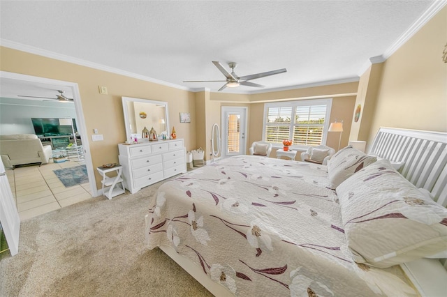 bedroom with light carpet, ornamental molding, a textured ceiling, access to outside, and ceiling fan