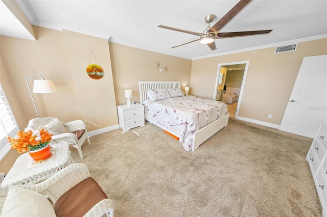 bedroom featuring carpet floors, ceiling fan, and crown molding