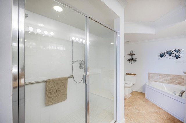 bathroom featuring plus walk in shower, tile patterned floors, toilet, and crown molding