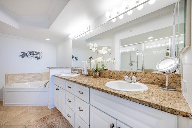 bathroom featuring crown molding, tile patterned flooring, vanity, and plus walk in shower