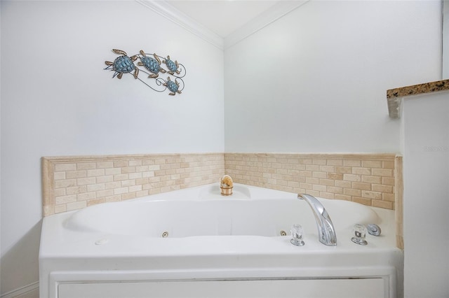 bathroom with a washtub and ornamental molding