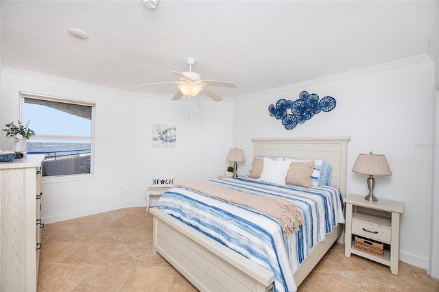 bedroom featuring ceiling fan, light tile patterned flooring, and crown molding