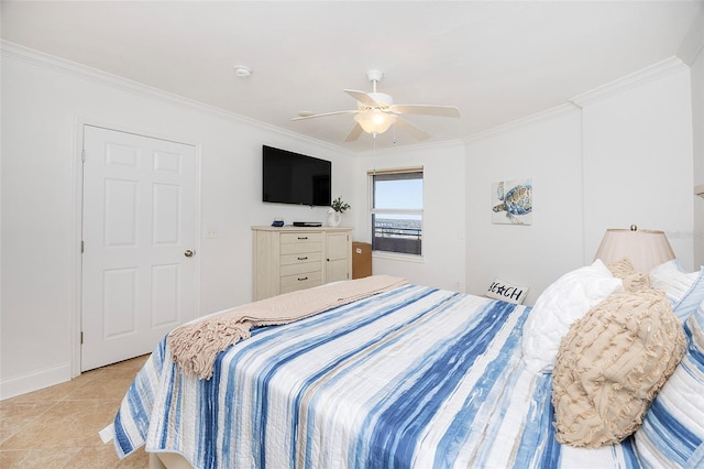 bedroom with light tile patterned floors, ceiling fan, and crown molding