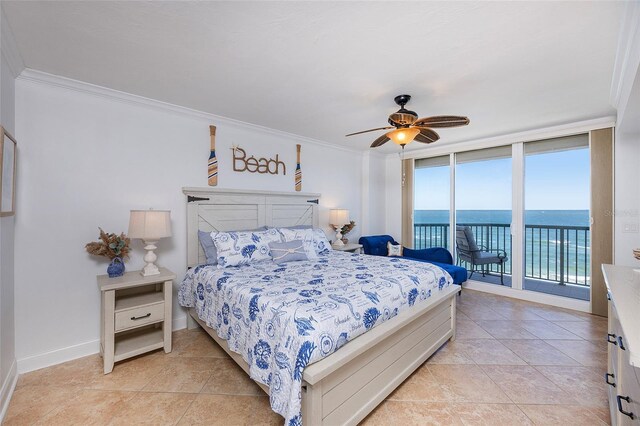 bedroom featuring ceiling fan, light tile patterned floors, access to outside, a water view, and ornamental molding