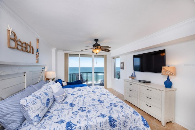 bedroom with ornamental molding, access to outside, ceiling fan, light tile patterned floors, and a wall of windows