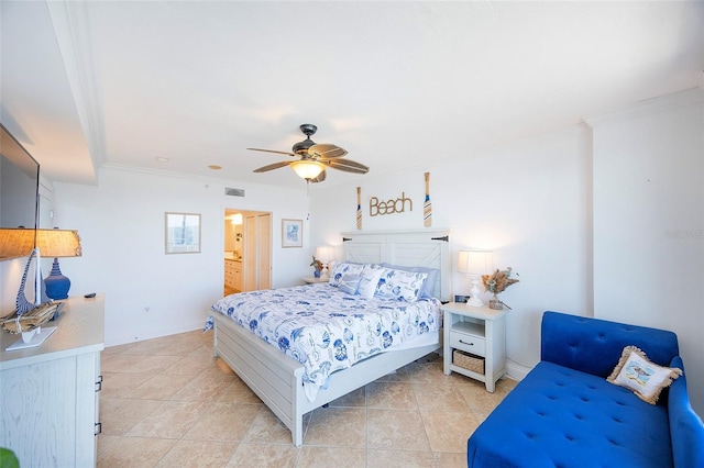 tiled bedroom with ceiling fan and crown molding