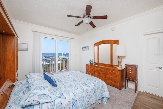 bedroom featuring crown molding, ceiling fan, access to exterior, a textured ceiling, and light hardwood / wood-style floors