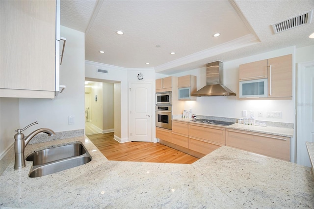 kitchen featuring light brown cabinets, sink, wall chimney exhaust hood, light stone countertops, and appliances with stainless steel finishes