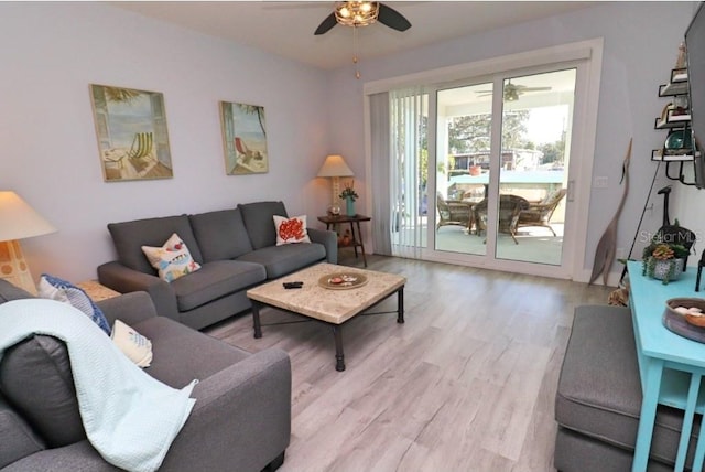 living room with ceiling fan and light wood-type flooring