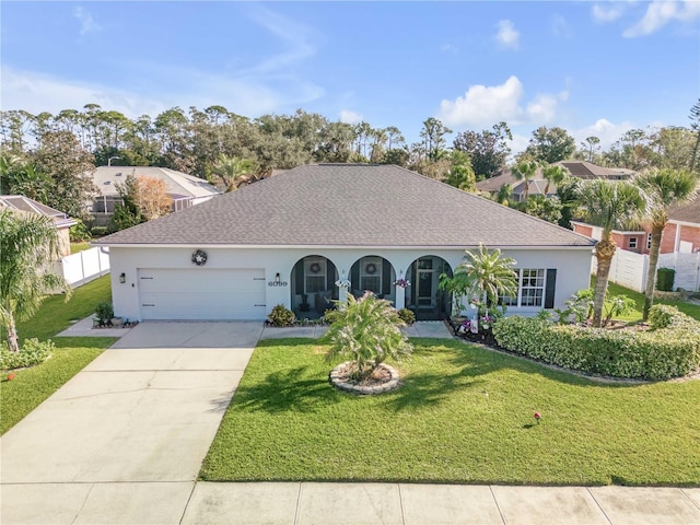 ranch-style home with a garage and a front yard