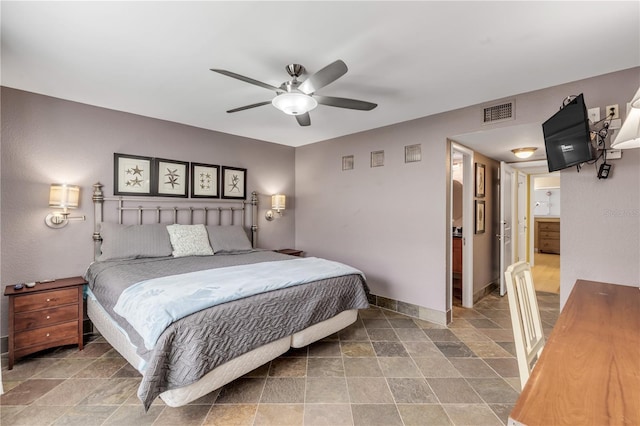 bedroom with ceiling fan and ensuite bathroom