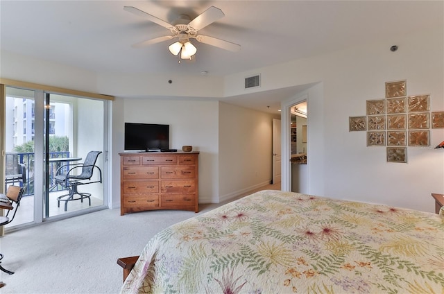 carpeted bedroom featuring access to outside and ceiling fan