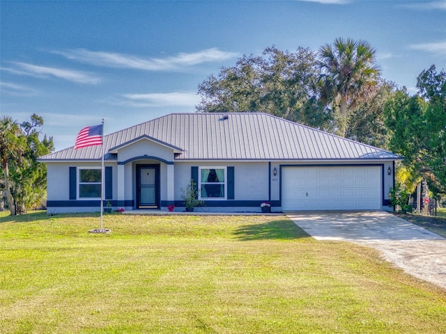 ranch-style home featuring a front yard and a garage