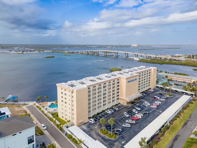 drone / aerial view with a water view