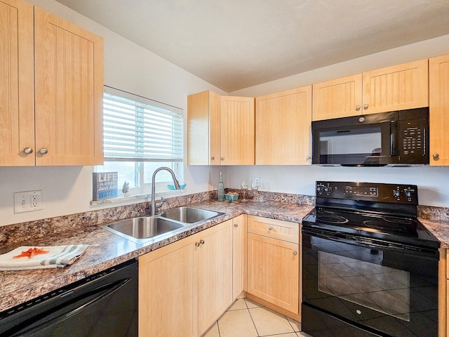 kitchen with black appliances, light brown cabinets, light tile patterned flooring, and sink